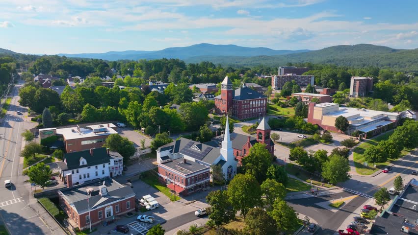 Plymouth town center on Main Street and Plymouth State University aerial view in summer in town of Plymouth, New Hampshire NH, USA. 