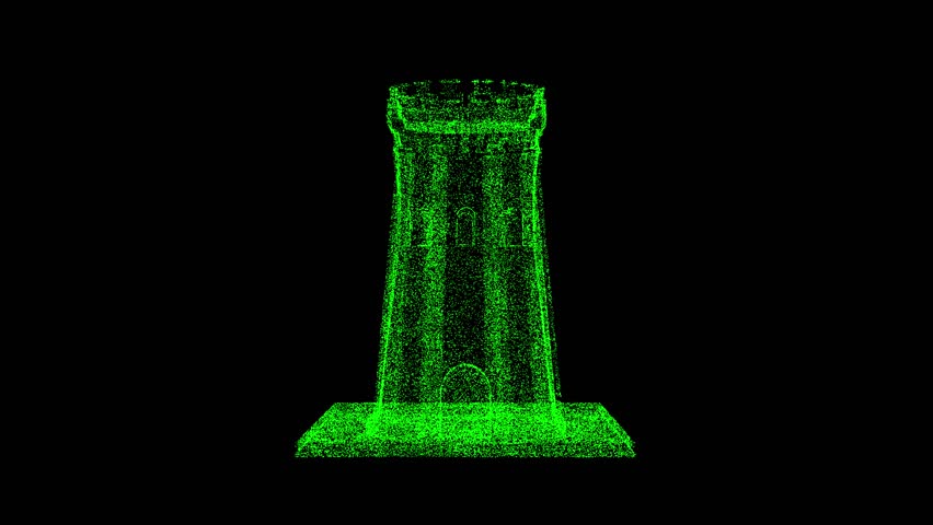 3D medieval tower rotates on black bg. Object dissolved green flickering particles 60 FPS. Business backdrop. Science concept. Abstract bg title, presentation. Holographic screensaver. 3D animation