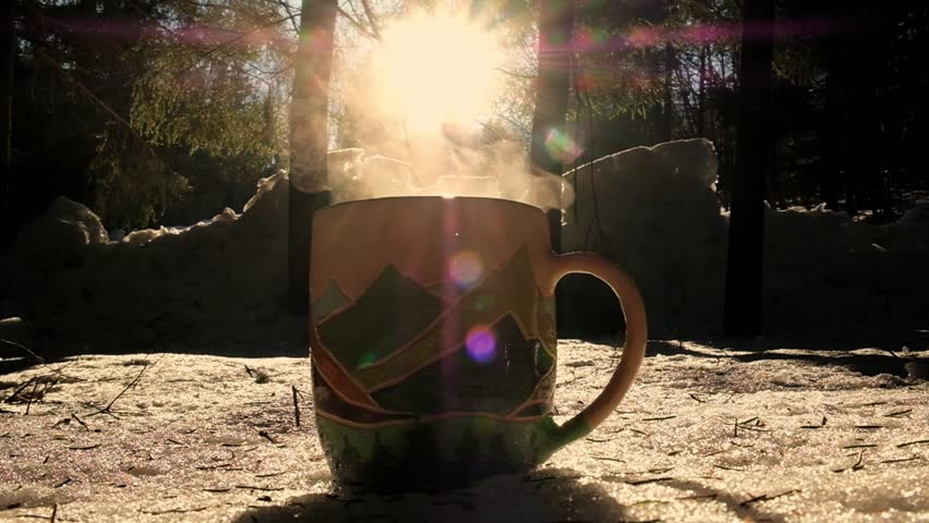 Pouring Tea Into Cup. Hot drink on the background of wild nature. Steaming hot water tea. Traveler Enjoying Hot Tea In Mountain Mug. Hot steamy tea pouring. Cold winter day in forest. | Shutterstock HD Video #1100279945
