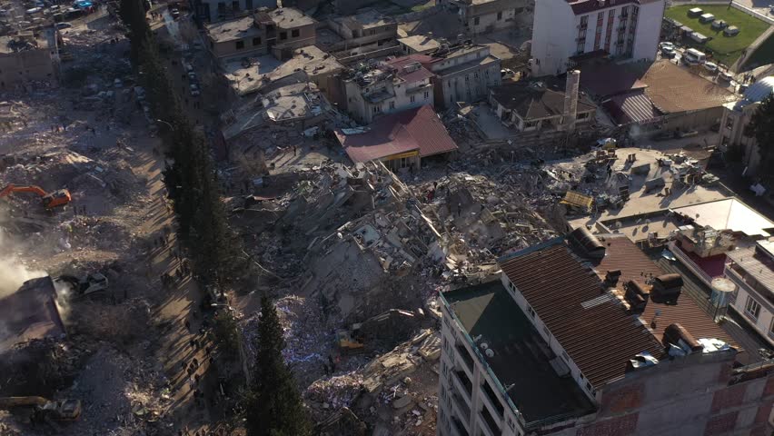 Turkey Earthquake - Kahramanmaras As a result of the 7.8 magnitude earthquake that occurred in Turkey, thousands of buildings were destroyed and millions of people were affected. Royalty-Free Stock Footage #1100280539