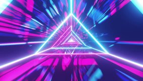 Colorful 3d triangle shape glowing neon colored tunnel animation with morphing shapes, great for music videos and live shows. 