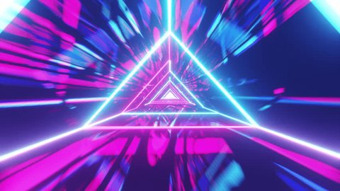 Colorful 3d triangle shape glowing neon colored tunnel animation with morphing shapes, great for music videos and live shows.  Adlı Stok Video