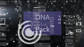 Animation of dna pack text over dna strand and data processing with icons on black background. Global technology, computing and digital interface concept digitally generated video. - Powered by Shutterstock - Get 15% off with code: PIKWIZARD15