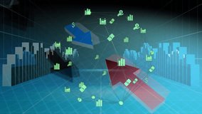 Animation of financial data processing with icons and arrows on black background. Global business, finances and digital interface concept digitally generated video.
