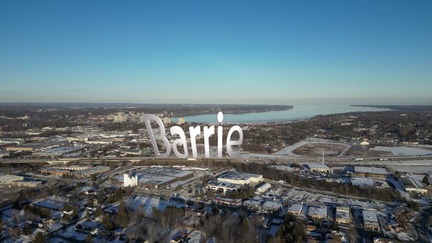Down Town Barrie Drone View With 3d letters saying barrie