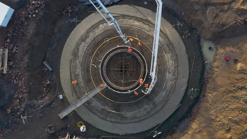 Pouring concrete in the footing foundation of a wind turbine during the construction, top down view of concrete casting with a concrete pump