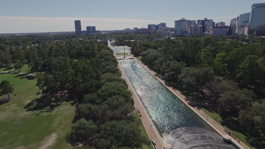 Aerial - Hermann Park reflection pool on a sunny day - Houston, TX