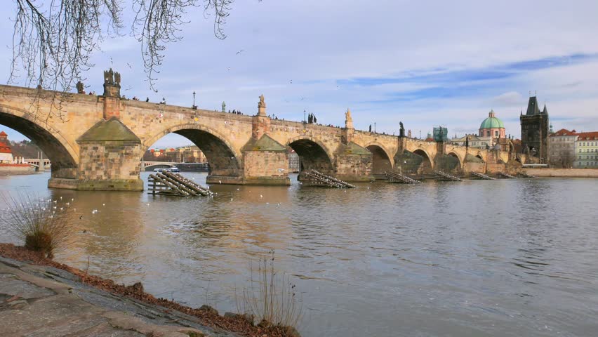 Footage of famous Charles Bridge. Vltava. Prague. Czech Republic.
