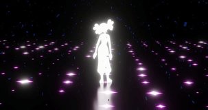 Glowing silhouette of a teenage girl dancing alone at a party while confetti falls down. 4k loop animation