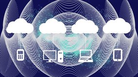 Animation of digital clouds with electronic devices over mesh. Global cloud computing and data processing concept digitally generated video. - Powered by Shutterstock - Get 15% off with code: PIKWIZARD15