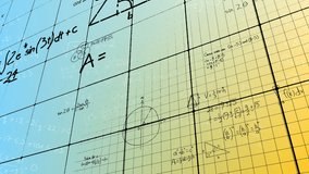 Animation of mathematical equations over grid network against blue and yellow gradient background. Education and business data technology concept - Powered by Shutterstock - Get 15% off with code: PIKWIZARD15