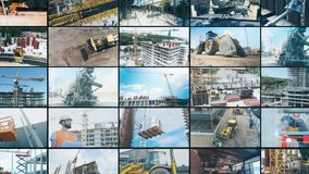Construction site multiscreen video. Modern building collage. Modern building site. Construction equipment at the construction site