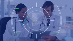 Animation of scope scanning and data processing over diverse doctors. Global medicine, finances and digital interface concept digitally generated video.