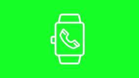 Animated watch call white line icon. Smartwatch feature. Incoming call. Loop HD video with chroma key, alpha channel on transparent background, black solid background. Outline motion graphic animation