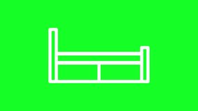 Animated single bed white line icon. Kids bedroom furniture. Homeware. Loop HD video with chroma key, alpha channel on transparent background, black solid background. Outline motion graphic animation
