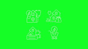 Animated home power white line icons. House insulation. Energy bill. Loop HD video with chroma key, alpha channel on transparent background, black solid background. Outline motion graphic animation