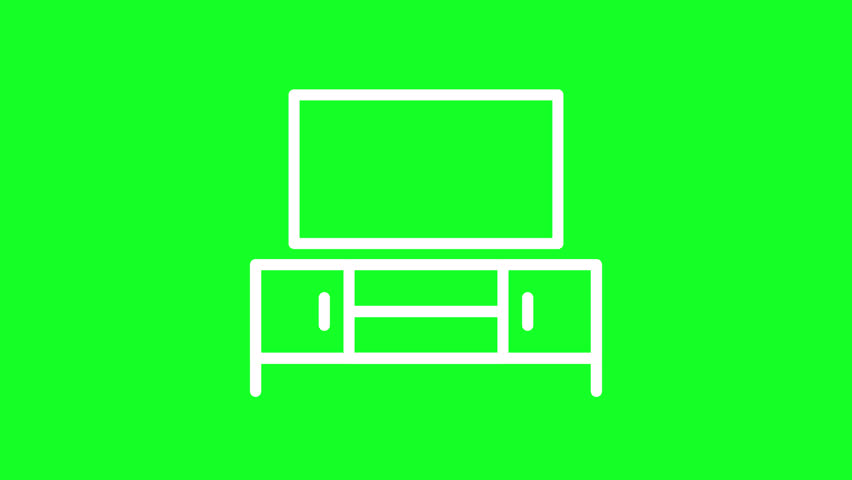 Animated TV bench white line icon. Media stand. Living room furniture. Loop HD video with chroma key, alpha channel on transparent background, black solid background. Outline motion graphic animation