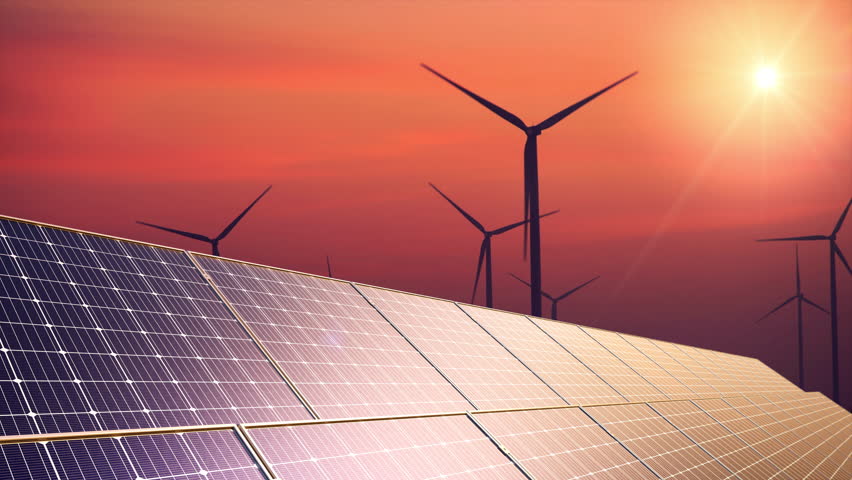 Solar panel and wind turbine in sunset. renewable energy. sustainable energy to businesses, homes, and public buildings. smart city and new generation of power. clean and environmental friendly.