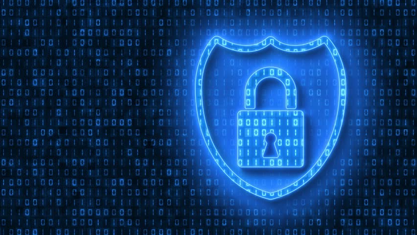 Video animation - Protect sign in light blue and in the background in dark blue a coding of binary code. - moving abstract background | Shutterstock HD Video #1100310389