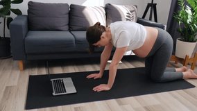 Young pregnant woman doing pilates in front of laptop at home, future mom training on fitness mat in living room, watching online tutorials and making pregnancy gymnastics. Healthy lifestyle concept