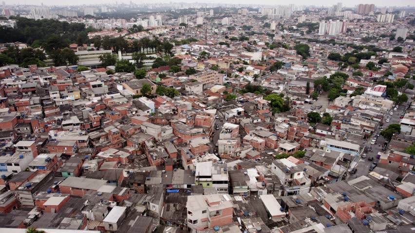 Ghetto district, poor living, cloudy day in Sao Paulo, Brazil - Aerial view