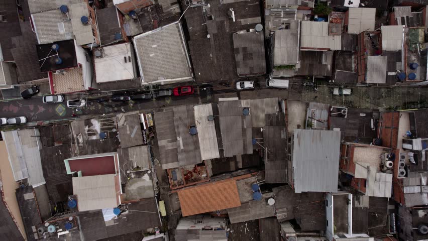 Aerial view above a ghetto distict in Sao Paulo, Brazil - cenital, drone shot