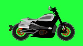 Animated video of vintage motorbike running on a white and green background