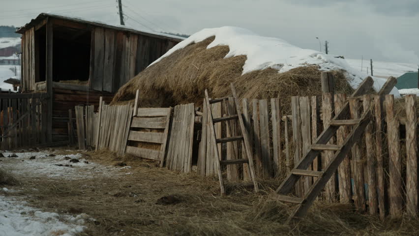 A pile of hay behind the fence, Siberian village, Russia