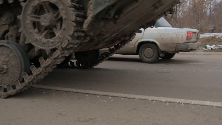 Ukraine. Infantry Fighting Vehicle going through a checkpoint. Close-up