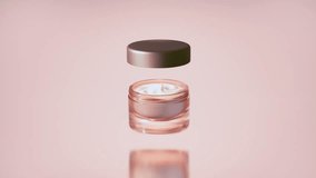 Glass cosmetic cream jar with white lid isolated on pink background. Bottle rotates slowly in air. Women's cosmetics skincare. Sample of layout of package beauty product. Realistic 3d animation. - Powered by Shutterstock - Get 15% off with code: PIKWIZARD15