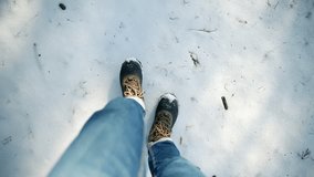 Legs Footprints In Winter Warm  Boots Walking On Snow Scandinavia. Adventure Vacation Hiker Hiking In Winter Exploring Destination. Man Legs Walking In Snow. Male In Snowy Weather At Cold Temperature  - Powered by Shutterstock - Get 15% off with code: PIKWIZARD15