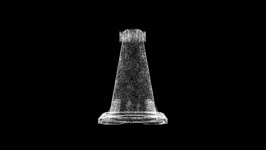 3D traffic cone rotates on black bg. Object dissolved white flickering particles 60 FPS. Business backdrop. Science concept. Abstract bg for title, presentation. Holographic screensaver. 3D animation