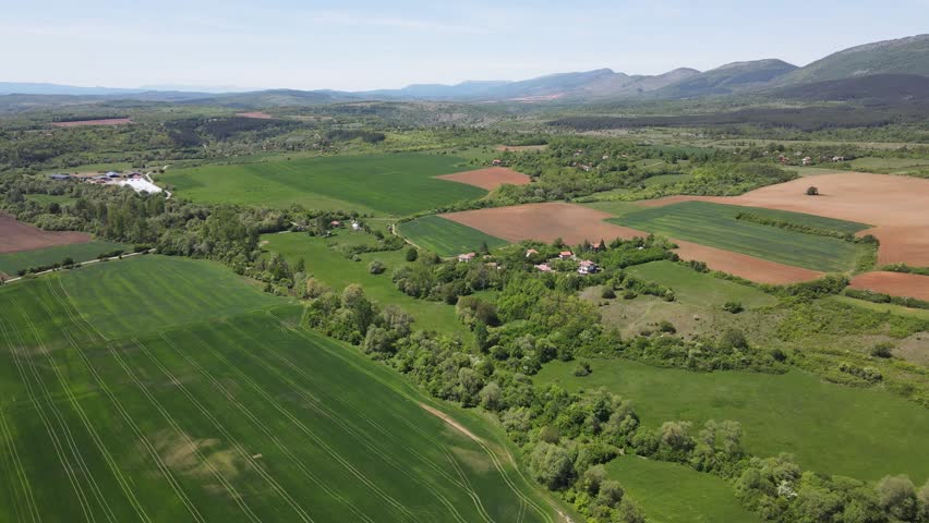 Spring Aerial view of rural land near town of Godech, Sofia region, Bulgaria