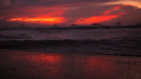 Amazing Landscape Sunset View on Tropical Island Sea Wave on a Beach Cinematic Slowmotion 4K Low Angle Close Up Water and Sand Shot, Thailand.