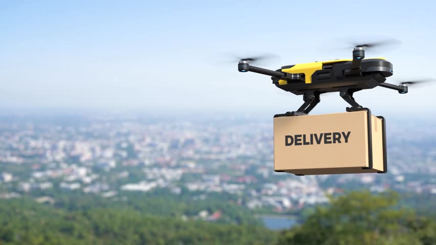 Drone delivering goods in the city, Autonomous delivery robot, Business air transportation concept Royalty-Free Stock Footage #1100330219