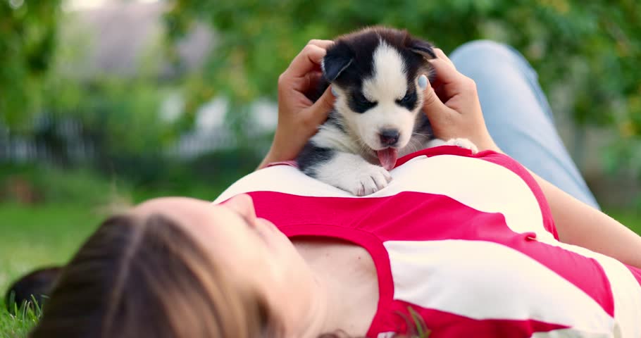 Woman lying on a lawn in the garden and playing with husky puppy dog