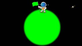 Human exploration planet, discovered. Astronaut spacewalk Green screen, changeable waving planting flag, life planet. Cartoon explorer journey loop footage animation. Country wars. Replaceable back. 