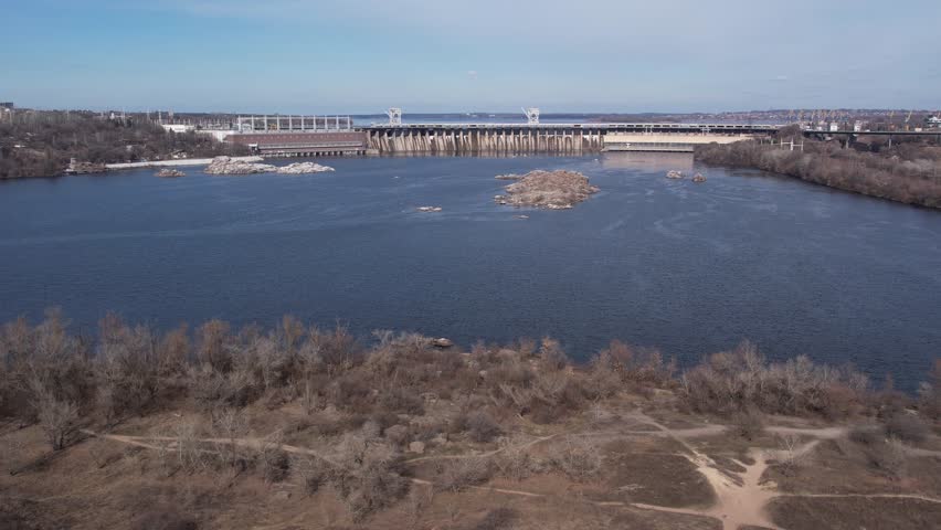 Dam, aerial view of the Dnieper hydroelectric station. Khortytsya Island, Zaporozhye, Ukraine.