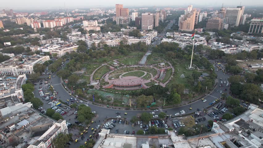 4k Aerial Drone shot of Connaught Place Cp in New Delhi capital city of India barakhamba road central market central park indian flag inner circle outer circle