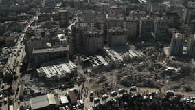 Aerial footage captures the devastating aftermath of a 7.7 magnitude earthquake that struck Turkey on February 6, 2023. 