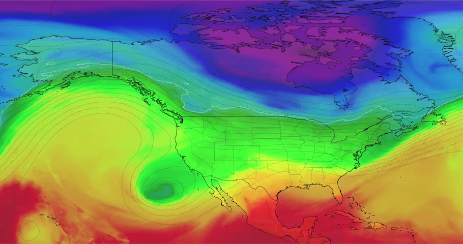 Map of the United States shows temperatures at 500hpa, with California experiencing very cold temperatures. The map provides a visual representation of the current weather conditions in the region. Royalty-Free Stock Footage #1100344367