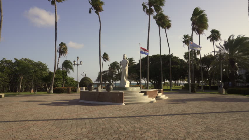 Oranjestad, Aruba, Netherlands Antilles: Wilhelmina Park waterfront park, marble statue of Queen Wilhelmina, the leader of the Netherlands 1890 - 1948, longest reigning Dutch monarch.