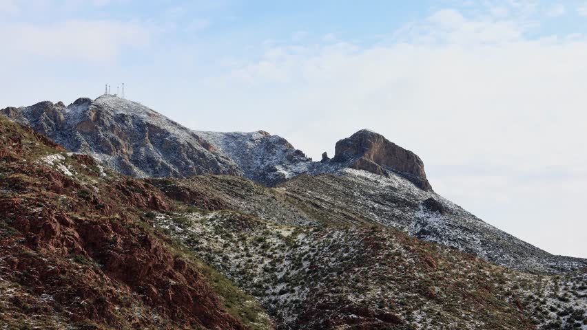 Sunny snowy landscape of Franklin Mountain at Texas