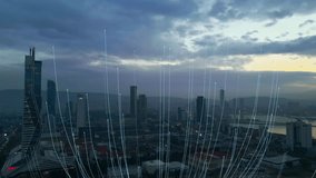 Business data analytic interface fly over smart city showing alteration future of business intelligence. Computer software and artificial intelligence are used to analyze big data for strategic plan . - Powered by Shutterstock - Get 15% off with code: PIKWIZARD15