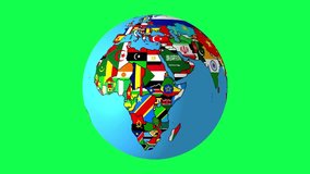 Earth Spinning Animation with Country Flags on Green Screen Background, Earth Rotation, World Map Animation, Alpha Matte, 4k Animation