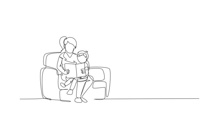 Animation of one line drawing young happy mother and her son siting on sofa reading a story book together. Family parenting education concept. Continuous line self draw animated. Full length motion.