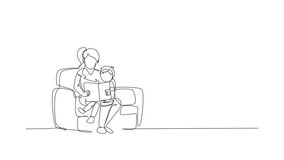 Animation of one line drawing young happy mother and her son siting on sofa reading a story book together. Family parenting education concept. Continuous line self draw animated. Full length motion. - Powered by Shutterstock - Get 15% off with code: PIKWIZARD15