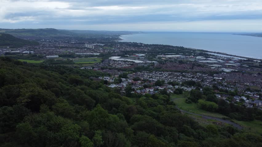 Aerial shot of Belfast coastline overlooking houses