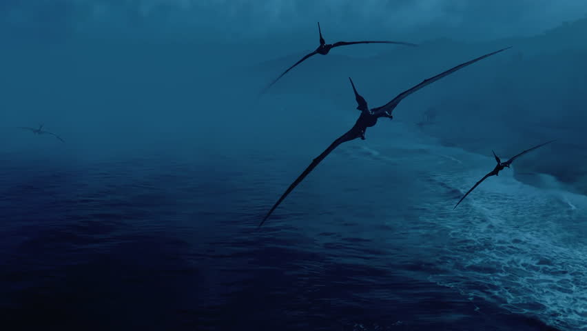 3D render animation of prehistoric flying Pterosaur reptile dinosaurs flying over the beach, mystic and gloomy atmosphere with cinematic flavor. Royalty-Free Stock Footage #1100351611