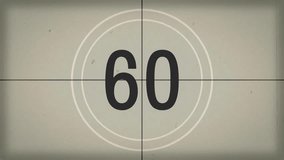 60 seconds (1 minute) vintage film countdown on faded grey background. Old retro wipe rolling effect. Scratches, details and noise. Dusty and grainy feel. 4K motion graphics.